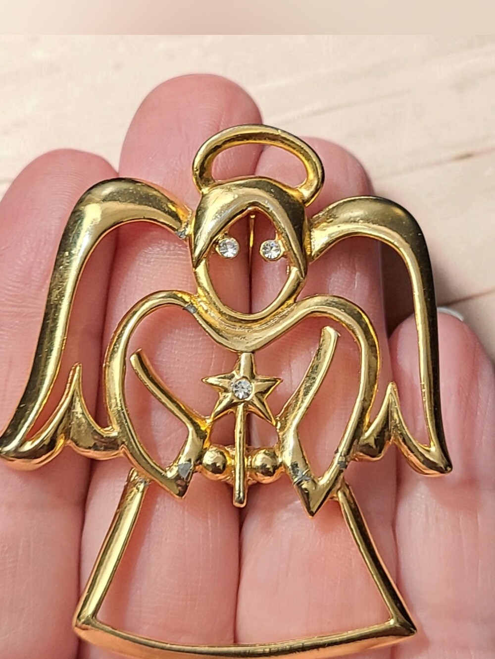 Vintage Gold Tone RS Angel Christmas Pin Brooch 2 1/4"